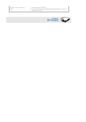 Page 32 
odd color./ screen is too dark or 
bright.Contrast and Color in the menu.  
zIf you want to restore various settings to their factory defaul
ts, run from the menu.  
 
 
Downloaded From projector-manual.com Samsung Manuals 