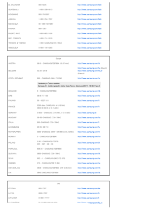Page 35 
EL SALVADOR 800-6225 http://www.samsung.com/latin
GUATEMALA 1-800-299-0013 http://www.samsung.com/latin
HONDURAS  800-7919267 http://www.samsung.com/latin
JAMAICA 1-800-234-7267 http://www.samsung.com/latin
NICARAGUA  00-1800-5077267 http://www.samsung.com/latin
PANAMA 800-7267 http://www.samsung.com/latin
PUERTO RICO 1-800-682-3180 http://www.samsung.com/latin
REP. DOMINICA 1-800-751-2676 http://www.samsung.com/latin
TRINIDAD & TOBAGO 1-800-SAMSUNG(726-7864) http://www.samsung.com/latin
VENEZUELA...