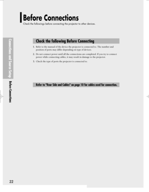 Page 22Downloaded from www.Manualslib.com manuals search engine 1.Refer to the manual of the device the projector is connected to. The number and
position of ports may differ depending on type of devices.
2.Do not connect power until all the connections are completed. If you try to connect
power while connecting cables, it may result in damage to the projector.
3.Check the type of ports the projector is connected to.
Check the following Before Connecting
Before Connections
Check the followings before connecting...