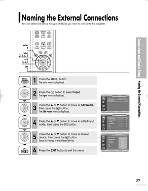 Page 27Downloaded from www.Manualslib.com manuals search engine Naming the External Connections
You can select and set up the type of device you want to connect to the projector.
Connections and Source Setup
Naming the External Connections
27
1
MENU
2, 3, 4, 5
Select
3, 4,5
…/†
6
EXIT
Press the MENUbutton.
The main menu is displayed.1
Press the  button to select Input.
The Inputmenu is displayed.2
Press the or button to move to Edit Name,
then press the  button.
The Edit Namemenu is displayed.3
Press the...