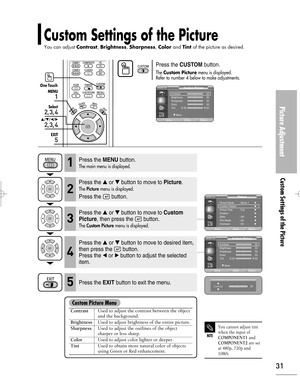 Page 31Downloaded from www.Manualslib.com manuals search engine Custom Settings of the Picture
You can adjust Contrast, Brightness, Sharpness, Colorand Tintof the picture as desired.
Picture Adjustment
Custom Settings of the Picture
31
NOTE
You cannot adjust tint
when the input of
COMPONENT1andCOMPONENT2are set
at 480p, 720p and
1080i.
ContrastUsed to adjust the contrast between the object and the background.
BrightnessUsed to adjust brightness of the entire picture.
SharpnessUsed to adjust the outlines of the...