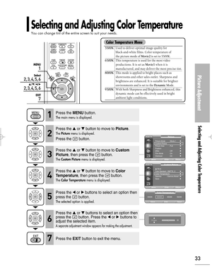 Page 33Downloaded from www.Manualslib.com manuals search engine Selecting and Adjusting Color Temperature 
You can change tint of the entire screen to suit your needs.
Picture Adjustment
Selecting and Adjusting Color Temperature 
33
1
MENU
Select
2, 3, 4, 5, 6
…/†/œ/√
7
EXIT
2, 3, 4, 5, 6
Press the MENUbutton.
The main menu is displayed.1
Press the or button to move to Picture.
The Picturemenu is displayed.
Press the  button.
2
Press the or button to move to Custom
Picture
, then press the  button.
The...