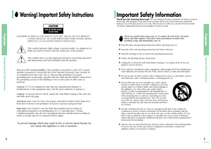 Page 2PreparationImportant Safety Information3
Important Safety InformationThank you for choosing Samsung!
Your new Samsung Projector represents the latest in projector
technology. We designed it with easy-to-use on-screen menus and closed captioning capabilities,
making it one of the best products in its class. We are proud to offer you a product that will provide
convenient, dependable service and enjoyment for years to come.
PreparationWarning! Important Safety Instructions2
Warning! Important Safety...