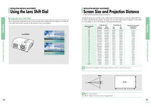 Page 12PreparationInstallation and Basic Adjustments22
PreparationInstallation and Basic Adjustments23
Lens Shift Dial
Move the picture projected on the screen up and down within the lens range by turning the
Lens Shift Dial on the top side of the projector with your fingers.
UP
DOWN
Install the projector on a flat, even surface and level the projector using the adjustable feet
to realize optimal picture quality. If images are not clear, adjust them using the Zoom Knob
or Focus Ring, or move the projector...