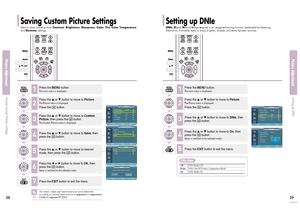 Page 20Saving Custom Picture SettingsUsed to save custom picture (
Contrast
, Brightness
, Sharpness
, Color
, Tint
, Color Temperature
and 
Gamma
) settings.
Setting up DNIeDNIe
(Digital 
Natural 
Image 
engine) is an image enhancing function developed by Samsung
Electronics. It enables users to enjoy brighter, sharper and more dynamic pictures. 
Picture AdjustmentSaving Custom Picture Settings
Picture AdjustmentSetting up DNIe
3839
1
MENU
2, 3, 4, 5, 6
Select
2, 3, 4, 5, 6
…/†/œ/√7EXIT
1
MENU2, 3, 4Select2,...