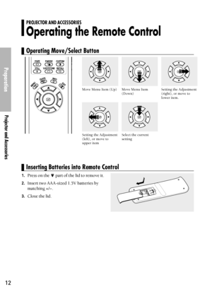 Page 12Preparation
Projector and Accessories
12
Setting the Adjustment
(right), or move to
lower item.
1.Press on the  part of the lid to remove it.
2.Insert two AAA-sized 1.5V batteries by
matching 
+/-.
3.Close the lid.
PROJECTOR AND ACCESSORIES
Operating the Remote Control
Operating Move/Select Button
Inserting Batteries into Remote Control
Move Menu Item
(Down) Move Menu Item (Up)
Select the current
settingSetting the Adjustment
(left), or move to
upper item
Downloaded From projector-manual.com Samsung...