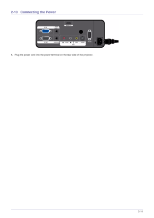 Page 25Installation and Connection2-10
2-10 Connecting the Power
1.Plug the power cord into the power terminal on the rear side of the projector.
Downloaded From projector-manual.com Samsung Manuals 