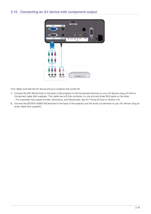 Page 31Installation and Connection2-16
2-16 Connecting an AV device with component output
First, Make sure that the AV device and your projector are turned off.
1.Connect the [PC IN] terminal on the back of the projector to the Component terminal on your AV device using a D-Sub to 
Component cable (Not supplied). This cable has a D-Sub connector on one end and three RCA jacks on the other.
- For supported input signal formats, resolutions, and frequencies, see AV Timing (D-Sub) in Section 2-9.
2.Connect the...