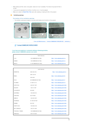 Page 35When washing the filter under running water, make sure to dry it completely. The moisture may cause the filter to 
corrode.
If dust cannot be separated from the filter  or the filter is torn, it must be replaced.
Make sure to select the Reset Filter Time option after replacing or cleaning the filter of the projector
  
   Ventilating openings  
   
 The location of the ventilation openings
The ventilation openings are locate
d on the right and left sides and at the bottom of the projector....