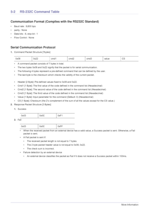 Page 505-2More Information
5-2 RS-232C Command Table
Communication Format (Complies with the RS232C Standard)
• Baud rate : 9,600 bps 
• parity : None
• Data bits : 8, stop bit : 1
• Flow Control : None
Serial Communication Protocol
1.Command Packet Structure [7bytes]
• A command packet consists of 7 bytes in total.
• The two bytes 0x08 and 0x22 signify that the packet is for serial communication.
• The following 4 bytes represent a pre-defined command that can be defined by the user.
• The last byte is the...