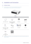 Page 102-1Installation and Connection
2 Installation and Connection
2-1 Package Contents
 • Unpack the product and check if all of the contents listed below have been included.
• Store the packaging box in case you need to move the product at a later date.
 
Projector
 A ceiling mount is not included and must be purchased separate ly. Use the included screws to attach the projector to the 
ceiling mount bracket.
 
CONTENTS
Quick Installation Guide Warranty Card / Registration  Card (Not available in all...