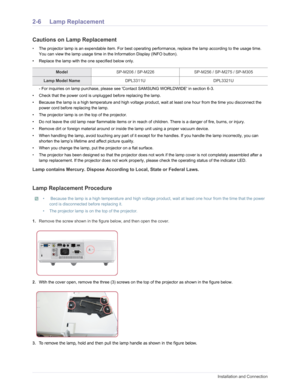 Page 17Downloaded from www.Manualslib.com manuals search engine 2-6Installation and Connection
2-6 Lamp Replacement
Cautions on Lamp Replacement
•The projector lamp is an expendable item. For best operating  performance, replace the lamp according to the usage time. 
You can view the lamp usage time in the Information Display (INFO button).
• Replace the lamp with the one specified below only. 
- For inquiries on lamp purchase, please see Contact SAMSUNG WORLDW IDE in section 6-3.
• Check that the power cord is...