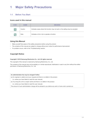 Page 4Downloaded from www.Manualslib.com manuals search engine Major Safety Precautions1-1
1 Major Safety Precautions
1-1 Before You Start
Icons used in this manual
Using this Manual
• Make yourself fully aware of the safety precautions before using this product.
• The contents of this manual are subject to change  without prior notice for performance improvement.
• If a problem occurs, refer to the Troubleshooting section.
Copyright Notice
Copyright © 2010 Samsung Electronics Co., Ltd. All rights reserved....