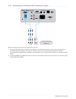 Page 31Downloaded from www.Manualslib.com manuals search engine 2-14Installation and Connection
2-14 Connecting an AV device with Component output
Make sure that the AV device and your projector are turned off.
1.Connect the [PC IN] terminal on the back of the projector to  the Component terminal on your AV device using a D-Sub to 
Component cable (Not supplied). This cable has a D-Sub connector on one end and three RCA jacks on the other.
- For supported input signal formats, resolutions, and frequencies, see...