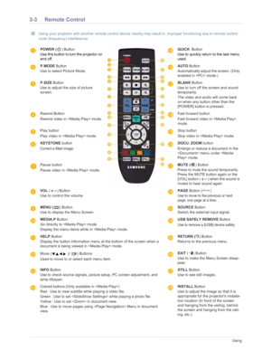 Page 39Downloaded from www.Manualslib.com manuals search engine 3-3Using
3-3 Remote Control 
 Using your projector with another remote control device nearby may result in  improper functioning due to remote control 
code (frequency) interference.
 
POWER ( ) Button
Use this button to turn the projector on 
and off. QUICK   Button
Use to quickly return to the last menu 
used. 
P.MODE  Button 
Use to select Picture Mode.AUTO  Button 
Automatically adjust the screen. (Only 
enabled in  mode.)
P.SIZE  Button 
Use...