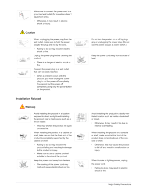 Page 7Downloaded from www.Manualslib.com manuals search engine 1-3Major Safety Precautions
Caution
Installation Related 
Warning
Make sure to connect the power cord to a 
grounded wall outlet (for insulation class 1 
equipment only). 
• Otherwise, it may result in electric 
shock or injury.
When unplugging the power plug from the 
wall outlet, make sure to hold the power 
plug by the plug and not by the cord. 
• Failing to do so may result in electric shock or fire. Do not turn the product on or off by plug-...