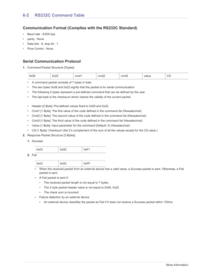 Page 81Downloaded from www.Manualslib.com manuals search engine 6-2More Information
6-2 RS232C Command Table
Communication Format (Complies with the RS232C Standard)
• Baud rate : 9,600 bps 
• parity : None
• Data bits : 8, stop bit : 1
• Flow Control : None
Serial Communication Protocol
1.Command Packet Structure [7bytes]
• A command packet consists of 7 bytes in total.
• The two bytes 0x08 and 0x22 signify that  the packet is for serial communication.
• The following 4 bytes represent a pre-defined  command...