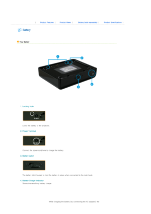 Page 11   
 
 
|  Product Features | Product Views | Battery (sold separately) | Product Specifications | 
 
 
 
 
 
 Your Battery  
 
 
         
1. Locking hole  
  
     Locks the battery t o the projector. 
  
2. Power Terminal  
  
     Connect the power cord here  to charge the battery. 
  
3. Battery Latch  
  
     The battery latch is used to hold the battery in place when con nected to the main body. 
  
4. Battery Charge Indicator  
Shows the remaining battery charge.  
  
  
While charging the...