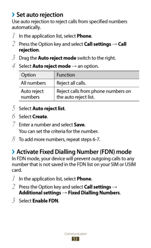 Page 53Communication
53
Set auto rejection ›
Use auto rejection to reject calls from specified numbers 
automatically.In the application list, select 
1 Phone.
Press the Option key and select 
2 Call settings →  Call 
rejection.
Drag the 
3 Auto reject mode switch to the right.
Select 
4 Auto reject mode → an option.
Option Function
All numbers  Reject all calls.
Auto reject 
numbers Reject calls from phone numbers on 
the auto reject list.
Select 
5 Auto reject list.
Select 
6 Create .
Enter a number and...