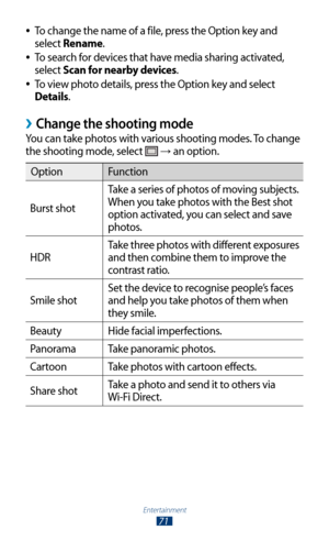 Page 71Entertainment
71
To change the name of a file, press the Option key and  
●
select Rename.
To search for devices that have media sharing activated, 
 
●
select Scan for nearby devices.
To view photo details, press the Option key and select 
 
●
Details.
 ›Change the shooting mode
You can take photos with various shooting modes. To change 
the shooting mode, select 
 → an option.
Option Function
Burst shot Take a series of photos of moving subjects. 
When you take photos with the Best shot 
option...