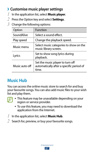 Page 87Entertainment
87
Customise music player settings ›
In the application list, select 1 Music player.
Press the Option key and select 
2 Settings.
Change the following options:
3 
Option Function
SoundAlive Select a sound effect.
Play speed Change the playback speed.
Music menu Select music categories to show on the 
music library screen.
Lyrics Set to show song lyrics during 
playback.
Music auto off Set the music player to turn off 
automatically after a specific period of 
time.
Music Hub
You can access...