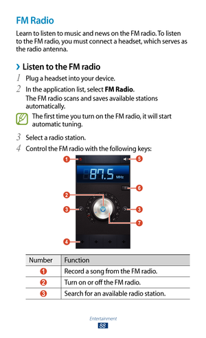 Page 88Entertainment
88
FM Radio
Learn to listen to music and news on the FM radio. To listen 
to the FM radio, you must connect a headset, which serves as 
the radio antenna.
Listen to the FM radio ›
Plug a headset into your device.1 
In the application list, select 2 FM Radio.
The FM radio scans and saves available stations 
automatically.
The first time you turn on the FM radio, it will start 
automatic tuning.
Select a radio station.
3 
Control the FM radio with the following keys:4 
Number Function
 1...