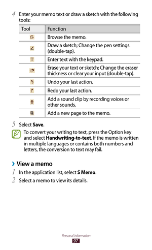 Page 9797
Personal information
Enter your memo text or draw a sketch with the following 4 
tools:
ToolFunction
Browse the memo.
Draw a sketch; Change the pen settings 
(double-tap).
Enter text with the keypad.
Erase your text or sketch; Change the eraser 
thickness or clear your input (double-tap).
Undo your last action.
Redo your last action.
Add a sound clip by recording voices or 
other sounds.
Add a new page to the memo.
Select 
5 Save .
To convert your writing to text, press the Option key 
and select...