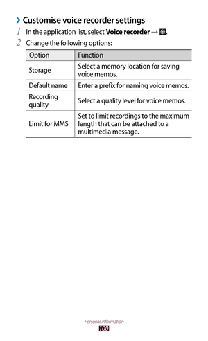 Page 100100
Personal information
Customise voice recorder settings ›
In the application list, select 1 Voice recorder → .
Change the following options:
2 
Option Function
Storage Select a memory location for saving 
voice memos.
Default name Enter a prefix for naming voice memos.
Recording 
quality Select a quality level for voice memos.
Limit for MMS Set to limit recordings to the maximum 
length that can be attached to a 
multimedia message. 