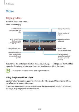 Page 139Multimedia
139
Video
Playing videos
Tap Video on the Apps screen.
Select a video to play.
Change screen ratio. Move forwards or 
backwards by 
dragging the bar.
Search for other 
devices to play the  file.
Skip to the previous  video. Tap and hold 
to move backwards  quickly. Skip to the next 
video. Tap and hold 
to move forwards 
quickly. Access additional 
options.
Switch to the 
pop-up video player. Pause and resume 
playback.
Adjust the volume.
To customise the control panel location during...