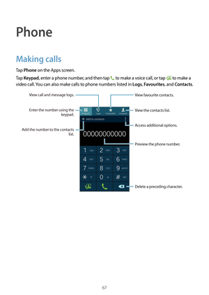 Page 6767
Phone
Making calls
Tap Phone on the Apps screen.
Tap 
Keypad, enter a phone number, and then tap  to make a voice call, or tap  to make a 
video call. You can also make calls to phone numbers listed in 
Logs, Favourites, and Contacts.
Access additional options.
Add the number to the contacts 
list.
Preview the phone number.
View favourite contacts.
Delete a preceding character.
View the contacts list.
View call and message logs.
Enter the number using the keypad.  