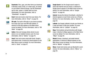Page 3026
Downloads: Files, apps, and other items you download 
in Browser, Gmail, Email, or in other ways, are stored 
on your tablet’s internal storage. Use the Downloads 
app to view, reopen, or delete what you have 
downloaded. For more information, refer to 
“Downloads”  on page 91.
Email: Send and receive email from your device. For 
more information, refer to “Email”  on page 50.
FM radio: The built-in FM radio in your device provides 
free music from your local FM radio stations. A 
shortcut to FM radio...