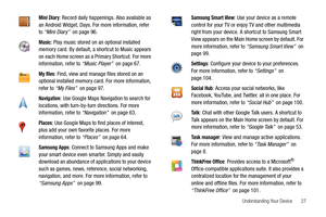 Page 31Understanding Your Device       27
Mini Diary: Record daily happenings. Also available as 
an Android Widget, Days. For more information, refer 
to “Mini Diary”  on page 96.
Music: Play music stored on an optional installed 
memory card. By default, a shortcut to Music appears 
on each Home screen as a Primary Shortcut. For more 
information, refer to “Music Player”  on page 67.
My files: Find, view and manage files stored on an 
optional installed memory card. For more information, 
refer to “My Files”...