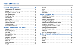 Page 5       1
Table of Contents
Section 1:  Getting Started  .............................................. 5Understanding This User Manual   . . . . . . . . . . . . . . . . . . . . . . .  5
Battery  . . . . . . . . . . . . . . . . . . . . . . . . . . . . . . . . . . . . . . . . . . .  6
Turning Your Device On and Off  . . . . . . . . . . . . . . . . . . . . . . . .  7
Your Google Account   . . . . . . . . . . . . . . . . . . . . . . . . . . . . . . . .  7
Using Google Maps   . . . . . . . . . . . . . . . . ....