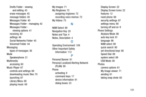 Page 135131 Drafts Folder - viewing
and editing 43
erase messages 45
message folders 40
Messages Folder 40
Messages Folder - managing 42
Messages Folder -
viewing options 41
receiving 40
settings 46
Social Networks Folder 45
Voicemail Folder 44
Messaging
types of messages 36
Mode
Speakerphone 21
Multimedia
accessing 60
Music Player 67
controls and settings 69
downloading music files 70
launching 67
Library Menu 68
playing music 69My Images 71
My Ringtones 72
assigning ringtones 72
recording voice memos 72
My...