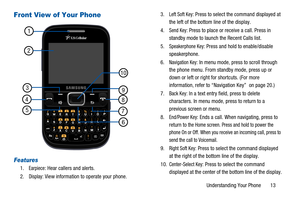 Page 17Understanding Your Phone 13
Front View of Your Phone
Features
1.Earpiece: Hear callers and alerts.
2.
Display: View information to operate your phone.3.
Left Soft Key: Press to select the command displayed at
the left of the bottom line of the display.
4.
Send Key: Press to place or receive a call. Press in
standby mode to launch the Recent Calls list.
5.
Speakerphone Key: Press and hold to enable/disable
speakerphone.
6.
Navigation Key: In menu mode, press to scroll through
the phone menu. From standby...