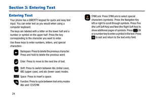 Page 2824
Section 3: Entering Text
Entering Text
Your phone has a QWERTY keypad for quick and easy text
input. You can enter text as you would when using a
computer keyboard.
The keys are labeled with a letter on the lower half and a
number or symbol on the upper half. Press the key
corresponding to the character you want to enter.
Use these keys to enter numbers, letters, and special
characters:
Backspace: Press to delete the previous character.
Press and hold to delete the previous word.
Enter: Press to move...