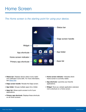 Page 1611 Home Screen 
 
 
 
 
  
 
 
Status bar 
Edge screen handle 
Widget  App folder 
App shortcuts 
Home screen indicator  Apps list
Primary app shortcuts 
Home Screen
 
The Home screen is the starting point for using your device.
 
• Status bar: Displays device status icons (right) 
and noti�cation icons (left) . For more information, 
see Status Bar . 
• Edge screen handle: Reveals the Edge screen. 
• App folder: Groups multiple apps into a folder. 
• Apps list: Allows quick access to all of...