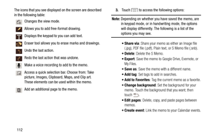 Page 118 
 
   
 
The  icons that you see displayed on the screen are described 
in the following table: 
Changes the view mode. 
Allows you to add free-format drawing. 
Displays the keypad to yo

u can add text. 
Eraser tool allows you to erase marks and drawings. 
Undo the last action. 
Redo the last action that was undone. 
Make a voice recording to add to the memo. 
Access a quick selection bar. Choose from: Take   
picture, Images, Clipboard, Maps, and Clip art. 
These elements can be used within the memo....