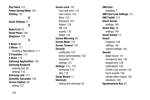 Page 168Play Store 110
 
Power Saving Mode 139
 
Printing 122
 
Q 
Quick Settings 21
 
R 
Reject List 55
 
Reset Phone 149
 Ringtones 129
 
S 
S Beam 96
 
S Memo 111
 Creating a New Memo  111
 
S Translator 113
 
S Voice 113
 Samsung Applications 130
 
Samsung Keyboard
 
entering text 29
 settings 142
 
Samsung Link 115
 
Scientific Calculator 103
 Screen Capture 28
 
setting 127
 
Screen Lock 122
 
Face and voice  123
 
Face unlock 123
 None 124
 
Password  124
 
Pattern 124
 PIN 124
 
sounds  130
 
Swipe 123...