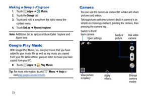 Page 78Making a Song a Ringtone 
1.	 Touch   Apps➔  Music . 
2.	  Touch the Songs  tab. 
3.	  Touch and hold a song from the list to reveal the 

context menu.
 
4.	  Touch  Set as  ➔ Phone ringtone . 
Note: Additional  Set as options include Caller ringtone and 
Alarm tone. 
Google Play Music 
With Google Play Music, you can play music that you have 
added to your music file as well as any music you copied 
from your PC. While offline, you can listen to music you have 
copied from your PC. 
� 	To u c h...