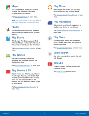 Page 3731 Google Applications 
 
 
Maps 
Use Google Maps to �nd your current 
location, get directions, and other 
location-based information. 
Visit google.com/maps to learn more. 
Note: You must enable location services to 
use Maps. Please see Location Services . 
Photos 
This application automatically backs up 
your photos and videos to your Google+ 
account. 
Play Books 
With Google Play Books, you can �nd 
millions of free e-books and hundreds of 
thousands more to buy in the eBookstore....
