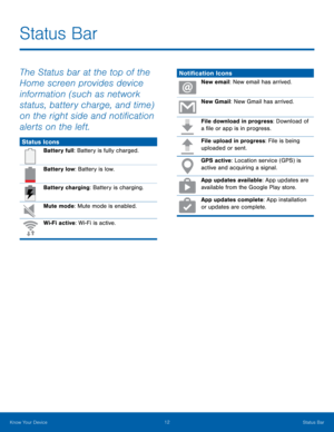 Page 16Status Bar
 
The Status bar at the top of the 
Home screen provides device 
information (such as network 
status, battery charge, and time) 
on the right side and noti�cation 
alerts on the left. 
Status Icons 
Battery full: Battery is fully charged. 
Battery low: Battery is low. 
Battery charging: Battery is charging. 
Mute mode: Mute mode is enabled. 
Wi-Fi active: Wi-Fi is active. 
Noti�cation Icons 
New email: New email has arrived. 
New Gmail: New Gmail has arrived. 
File download...