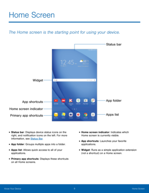 Page 139 Home Screen 
 
 
 
  
 
 
Status bar 
Widget  App folder 
App shortcuts 
Home screen indicator  Apps list
Primary app shortcuts 
Home Screen
 
The Home screen is the starting point for using your device.
 
• Status bar: Displays device status icons on the 
right, and noti�cation icons on the left. For more 
information, see Status Bar . 
• App folder: Groups multiple apps into a folder. 
• Apps list: Allows quick access to all of your 
applications. 
• Primary app shortcuts: Displays these...