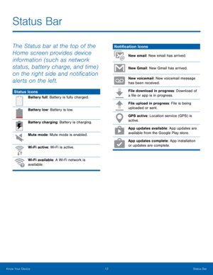 Page 16Status Bar
 
The Status bar at the top of the 
Home screen provides device 
information (such as network 
status, battery charge, and time) 
on the right side and noti�cation 
alerts on the left. 
Status Icons 
Battery full: Battery is fully charged. 
Battery low: Battery is low. 
Battery charging: Battery is charging. 
Mute mode: Mute mode is enabled. 
Wi-Fi active: Wi-Fi is active. 
Wi-Fi available: A Wi-Fi network is 
available. 
Noti�cation Icons 
New email: New email has arrived....