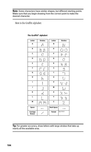 Page 108104
Note: Some characters have similar shapes, but different starting points. 
Make sure that you begin drawing from the correct point to make the 
desired character.
Here is the Graffiti alphabet:
Tip: For greater accuracy, draw letters with large strokes that take up nearly all the available area. 