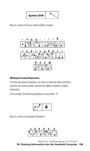 Page 112Section 2: Understanding Your Phone
2K: Entering Information into the Handheld Computer 108
Here is a chart of how to write Graffiti symbols:
Writing Accented Characters
To write accented characters, you have to write the letter and then 
perform the accent stroke. Accents are added to letters or alpha 
characters. 
For example, the following displays an accented “E”:
Here is a chart of accented characters: 