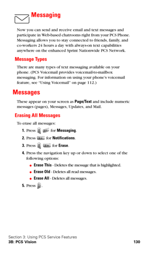 Page 138Section 3: Using PCS Service Features
3B: PCS Vision 130
Messaging
Now you can send and receive email and text messages and 
participate in Web-based chatrooms right from your PCS Phone. 
Messaging allows you to stay connected to friends, family, and 
co-workers 24 hours a day with always-on text capabilities 
anywhere on the enhanced Sprint Nationwide PCS Network.
Message Types
There are many types of text messaging available on your 
phone. (PCS Voicemail provides voicemail-to-mailbox 
messaging. For...