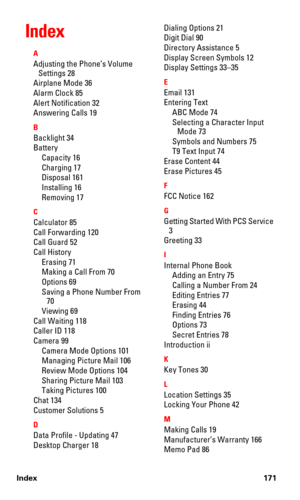 Page 179Index 171
Index
A
Adjusting the Phone’s Volume 
Settings 28
Airplane Mode 36
Alarm Clock 85
Alert Notification 32
Answering Calls 19
B
Backlight 34
Battery
Capacity 16
Charging 17
Disposal 161
Installing 16
Removing 17
C
Calculator 85
Call Forwarding 120
Call Guard 52
Call History
Erasing 71
Making a Call From 70
Options 69
Saving a Phone Number From 
70
Viewing 69
Call Waiting 118
Caller ID 118
Camera 99
Camera Mode Options 101
Managing Picture Mail 106
Review Mode Options 104
Sharing Picture Mail 103...