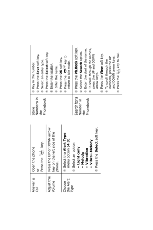Page 165Answer a 
Call
Open the phoneorPress the 
 key.
Adjust the 
Vo l u me
Press the UP or DOWN arrow 
key on the left side of the 
phone.
Choose 
the Alert 
Ty p e
➀Select the 
Alert Type
 
menu option (
4.3
).
➁Select an option: •Light only•Melody•Vibration•Vibra+Melody
➂Press the 
Select
 soft key.
Store 
Numbers in 
the 
Phonebook
➀Key in the number.➁Press the 
Save
 soft key.
➂Select an entry type.➃Press the 
Select
 soft key.
➄Enter the location.➅. Enter the name.➇Press the 
OK soft key.
➈Press the...