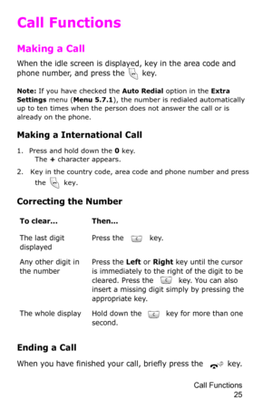 Page 28Call Functions 
25
Call Functions
Making a Call
When the idle screen is displayed, key in the area code and 
phone number, and press the  key.
Note: If you have checked the Auto Redial option in the Extra 
Settings menu (Menu 5.7.1), the number is redialed automatically 
up to ten times when the person does not answer the call or is 
already on the phone.
Making a International Call
1. Press and hold down the 0 key.  
The + character appears.
2. Key in the country code, area code and phone number and...